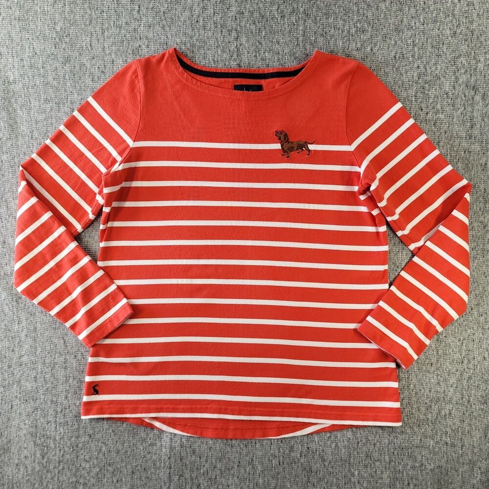 Joules Harbor EMB Striped Top Womens 10 Red White Dachshund Dog Long Sleeve